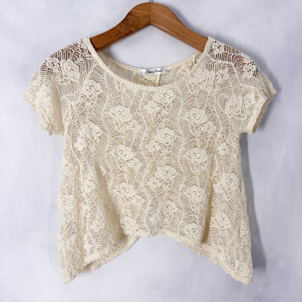Sans Souci Short Sleeve Cream Lace Sharkbite BuCrop Top Women's Size Small